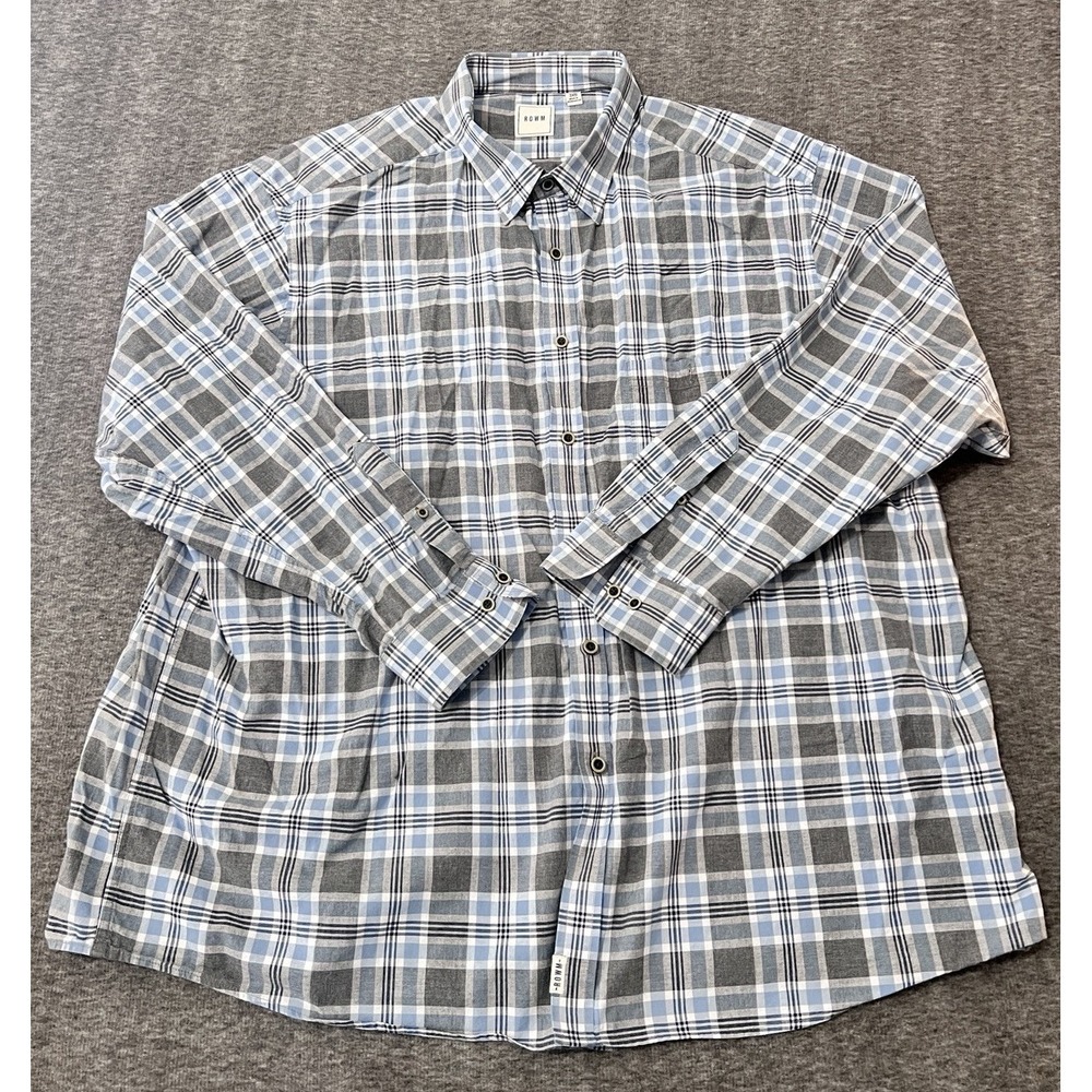 ROWM Mens Plaid Button Up Shirt Blue Gray Long Sleeve 3XB Big Tall Cotton